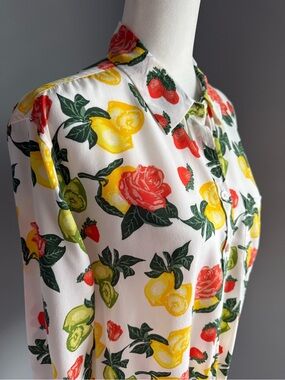 Equipment Femme Floral & Citrus Fruit Tie-Front Button-Up Silk Top Blouse Lemon